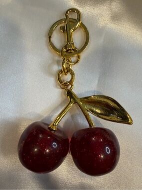 Cherry Bag Charm Keychain Red Glitter Gold Tone